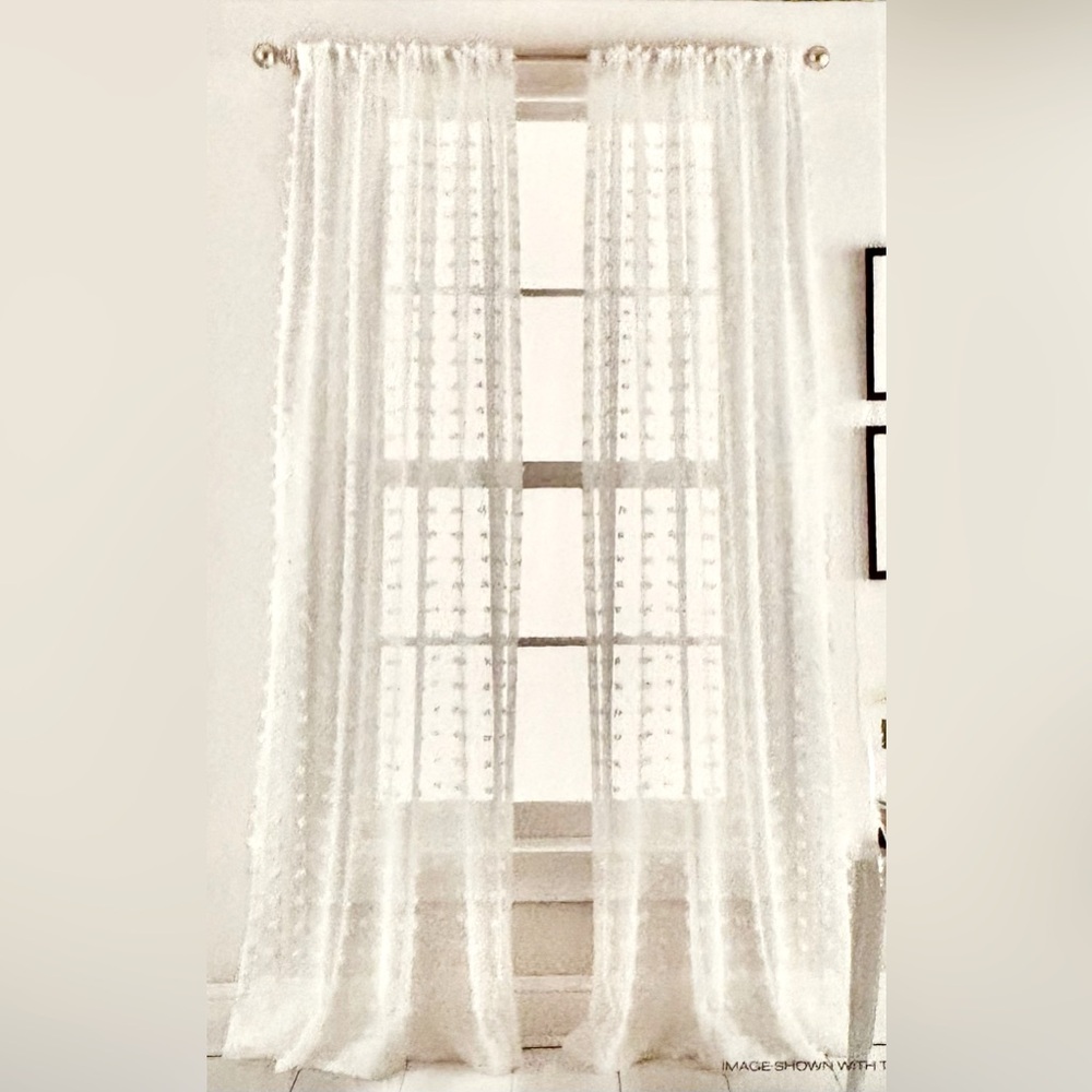 DKNY White sheer Curtain Panel Swiss dot. 2 panels 50in x 84in